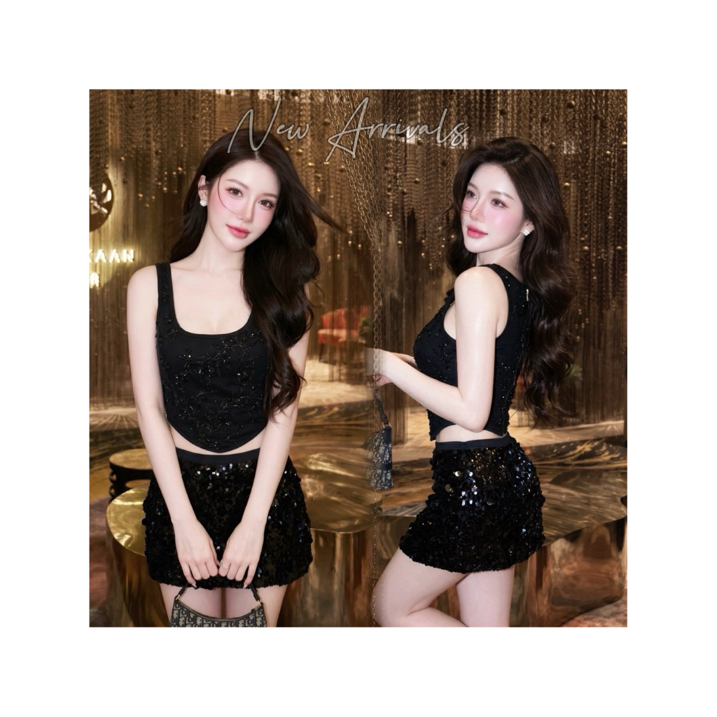 D8 มาเพิ่มแล้ว งานป้าย Kittit Set ชุดเซ็ท 2 ชิ้น เสื้อสายเดี่ยว กระโปรงสั้นซับในกางเกง สำหรับผู้หญิง ไซส์ Xs-L