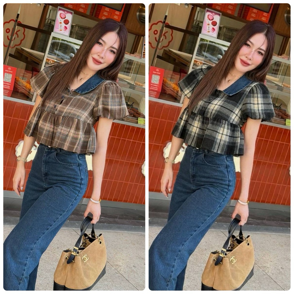 Si-am > ชุดเซ็ตเสื้อลายสก๊อตแต่งปกยีนส์+กางเกงยีนส์ขายาวทรงสวย B322 B323