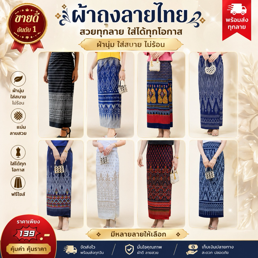 ผ้าถุงผ้าฝ้ายลายไทย เย็บสำเร็จผูกเอวพร้อมใส่( พร้อมส่งทุกวัน ถูกที่สุด )