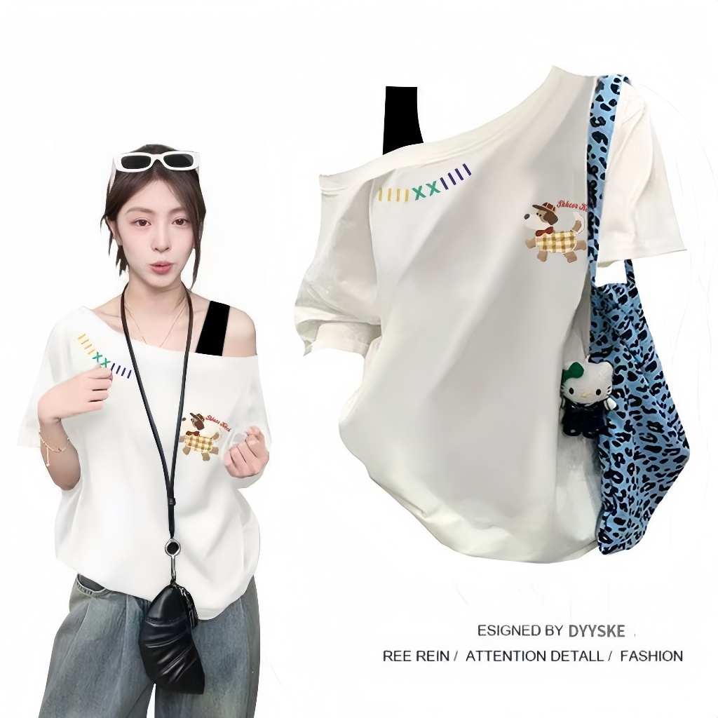 เสื้อยืดแขนสั้นผู้หญิง ไหล่เฉียง ลายหมีพิมพ์ผ้า ตัวหลวมสวย ไม่หดไม่ซีด ใส่สบาย – โปรปัง