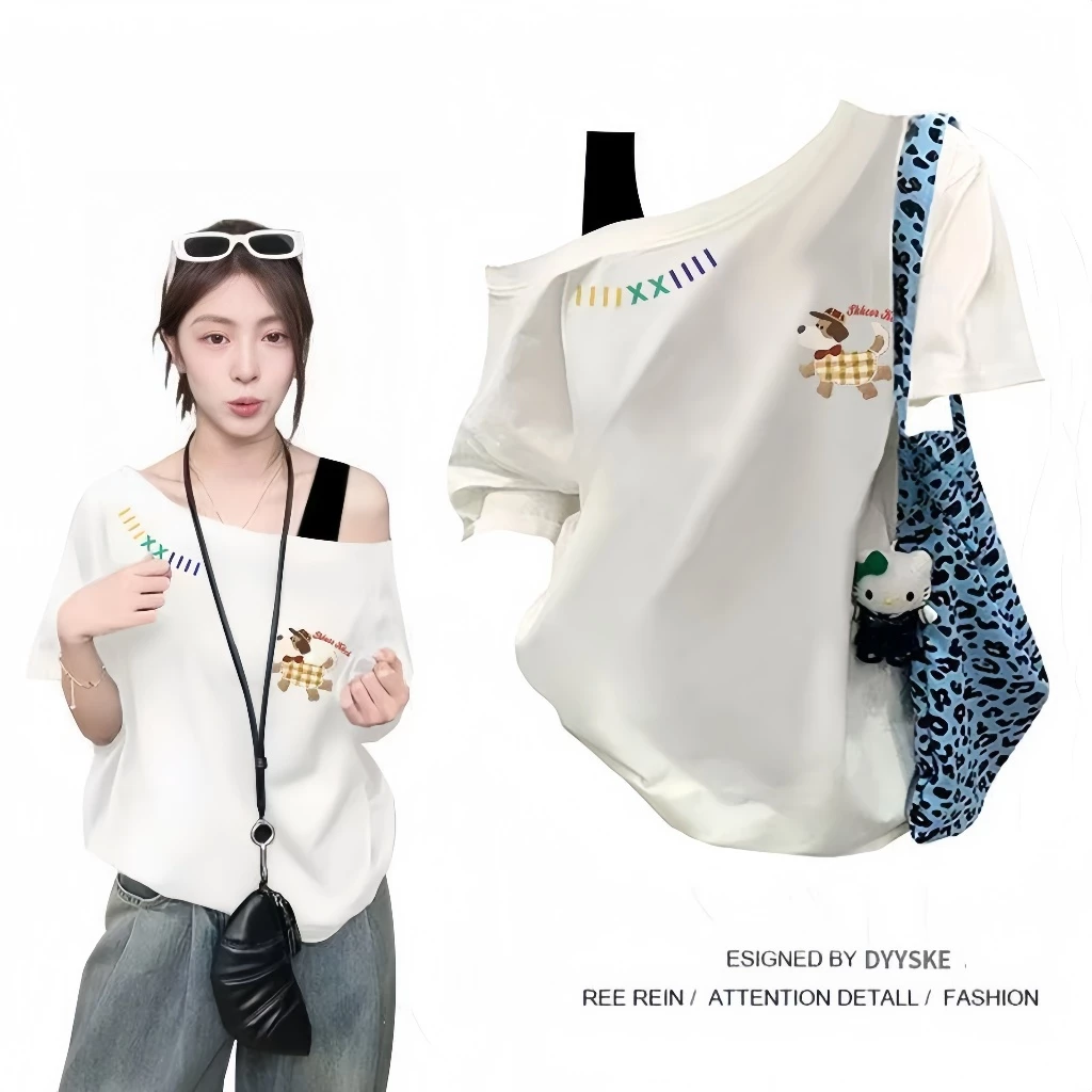 เสื้อยืดแขนสั้นผู้หญิง ไหล่เฉียง ลายหมีพิมพ์ผ้า ตัวหลวมสวย ไม่หดไม่ซีด ใส่สบาย