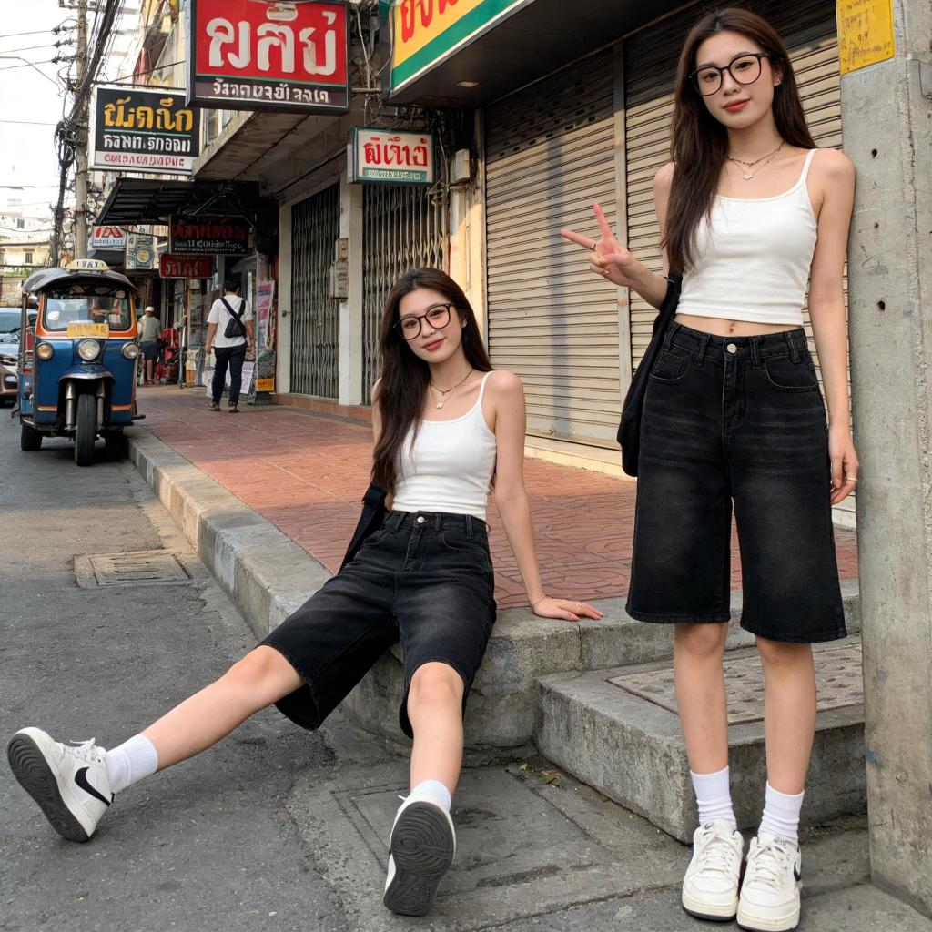 กางเกงยีนส์5ส่วนสีดำทำสีเฉดเก่า ขากระบอกกว้างเอวสูง ผ้าสบายฤดูร้อน ผอมรูปร่างได้จริง