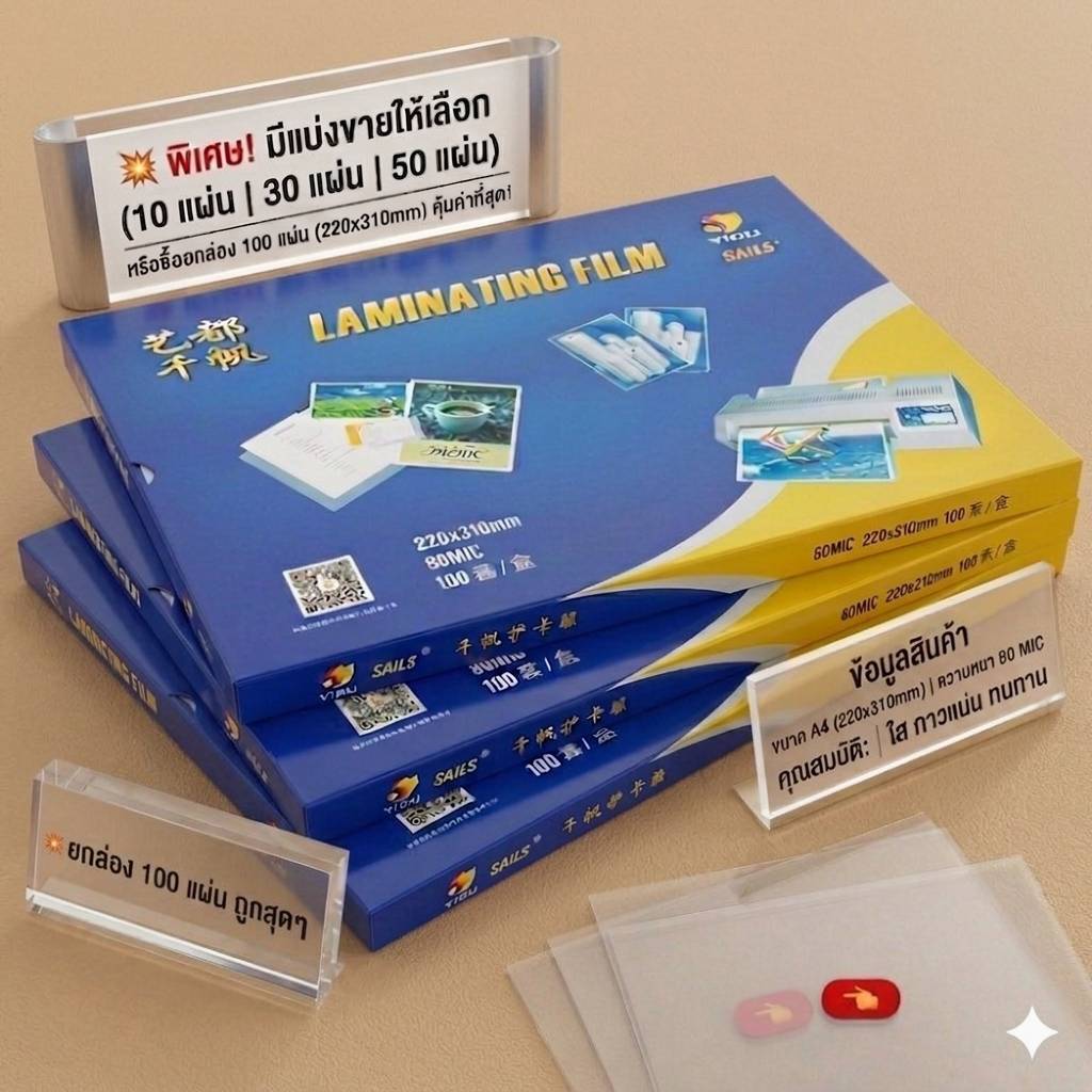 [แบ่งขาย/ยกกล่อง] พลาสติกเคลือบบัตร Sails หนา 80 MIC ขนาด A4 ใส เคลือบเรียบ กาวแน่น (10/30/50/100 แผ่น)