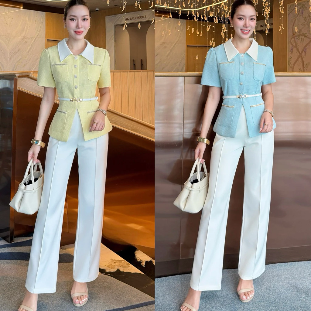 25200 เสื้อทวิตแขนสั้น กางเกงพร้อมเข็มขัด