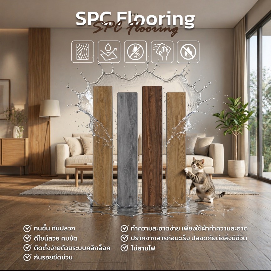 พื้น SPC คลิกล็อค กระเบื้องยาง SPC หนา 5 - 6 มม. ขนาด 1220*183 mm กันน้ำ ติดตั้งง่าย สะดวก ส่งฟรี