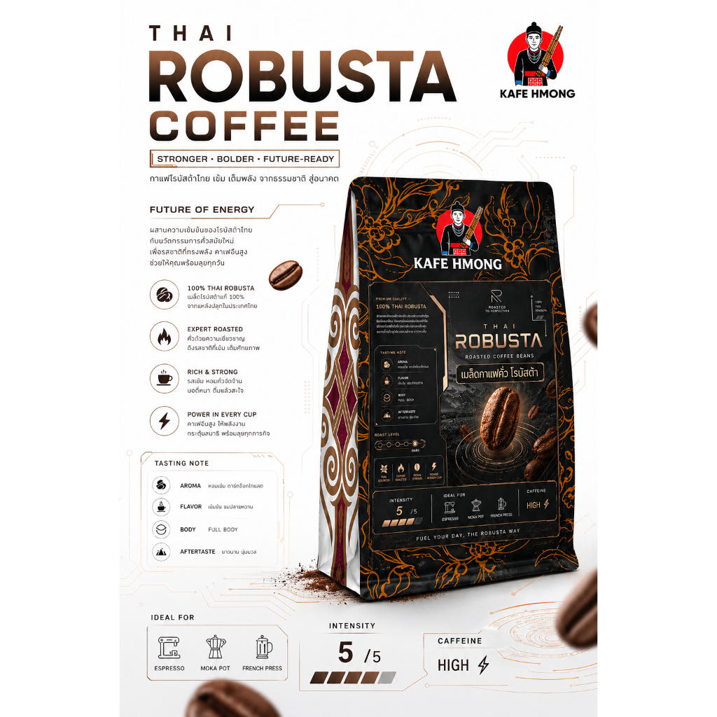 Thai Robusta Coffee (เมล็ดกาแฟคั่วโรบัสต้า) ซึ่งออกแบบมาให้เป็นกาแฟสายเข้ม ดื่มแล้วตื่นเต็มที่