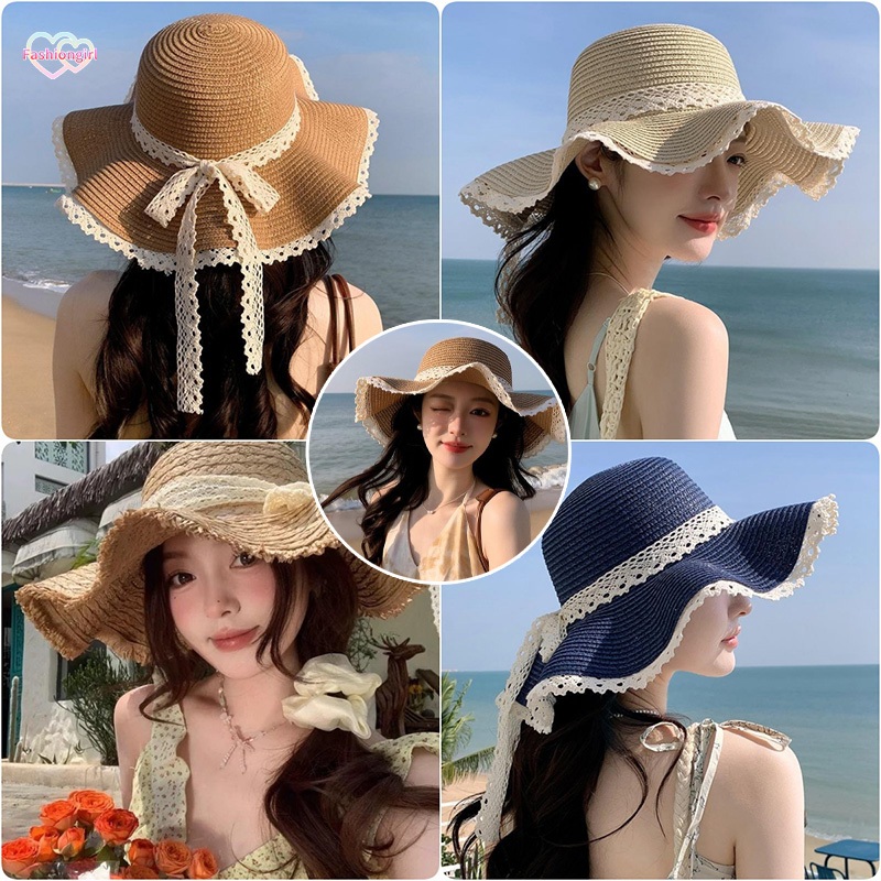 Fashion girl💗💗หมวกฟางฝรั่งเศส toplist ตกแต่งด้วยลูกไม้ หมวกกันแดด คุณภาพสูง สวมใส่สบาย มีหลายสีให้เล