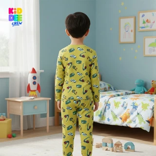 KiddeeCrew ชุดนอนเด็ก เหลืองลายรถก่อสร้าง ผ้าcotton 100% เหมาะสำหรับอายุ 1-12 ปี