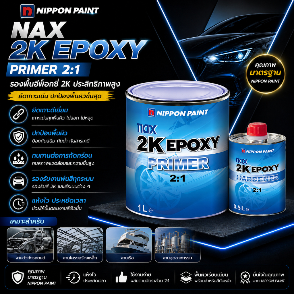 Nax 2K Epoxy Primer 2:1 สีรองพื้นเกาะเหล็ก กันสนิม (1L + Hardener 0.5L)