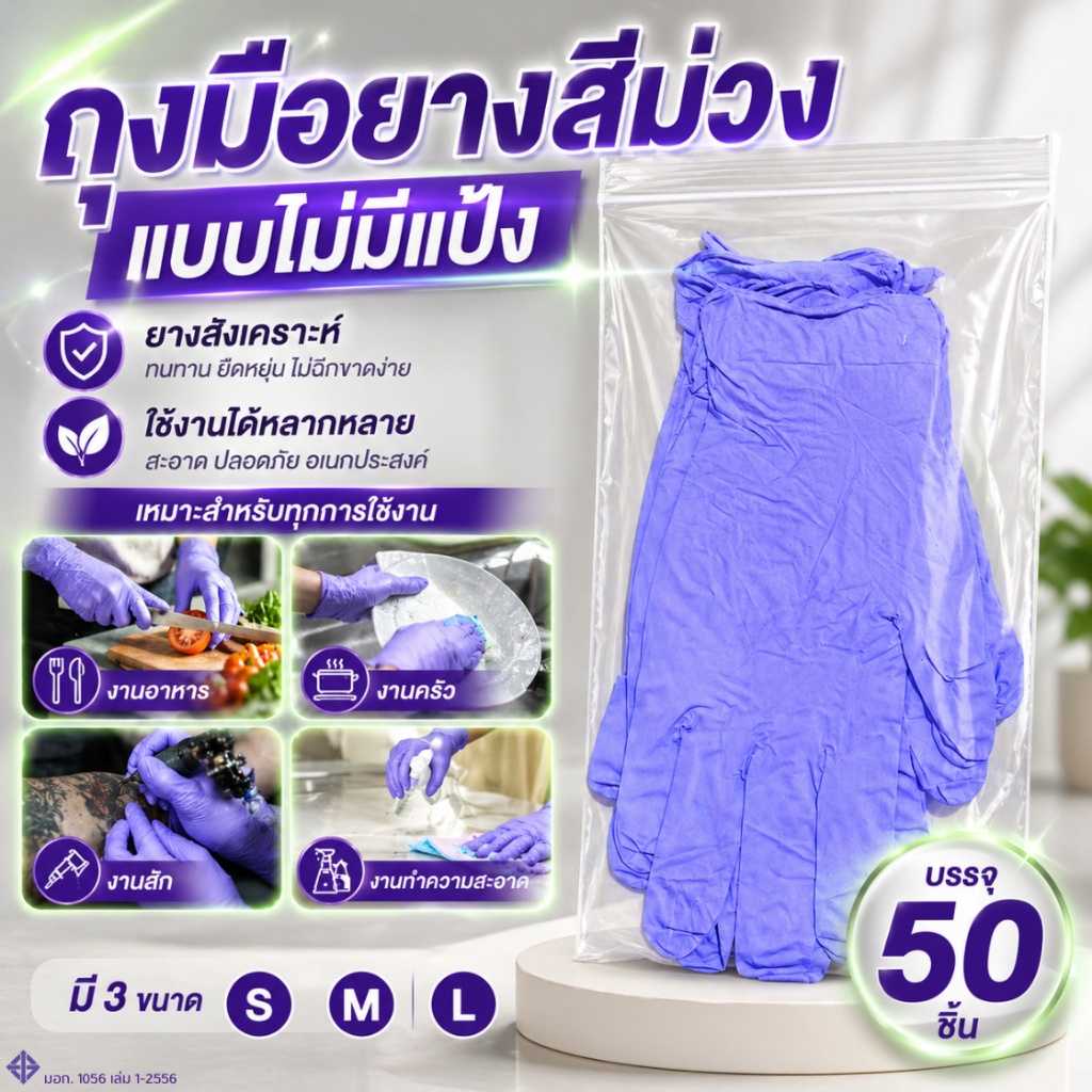 ถุงมือยางไนไตรสีม่วงของแท้ ไม่ผสมไวนิล (เทียบเท่าถุงมือศรีตรัง) ไม่มีแป้ง ใส่ซองซิป 50 ชิ้น