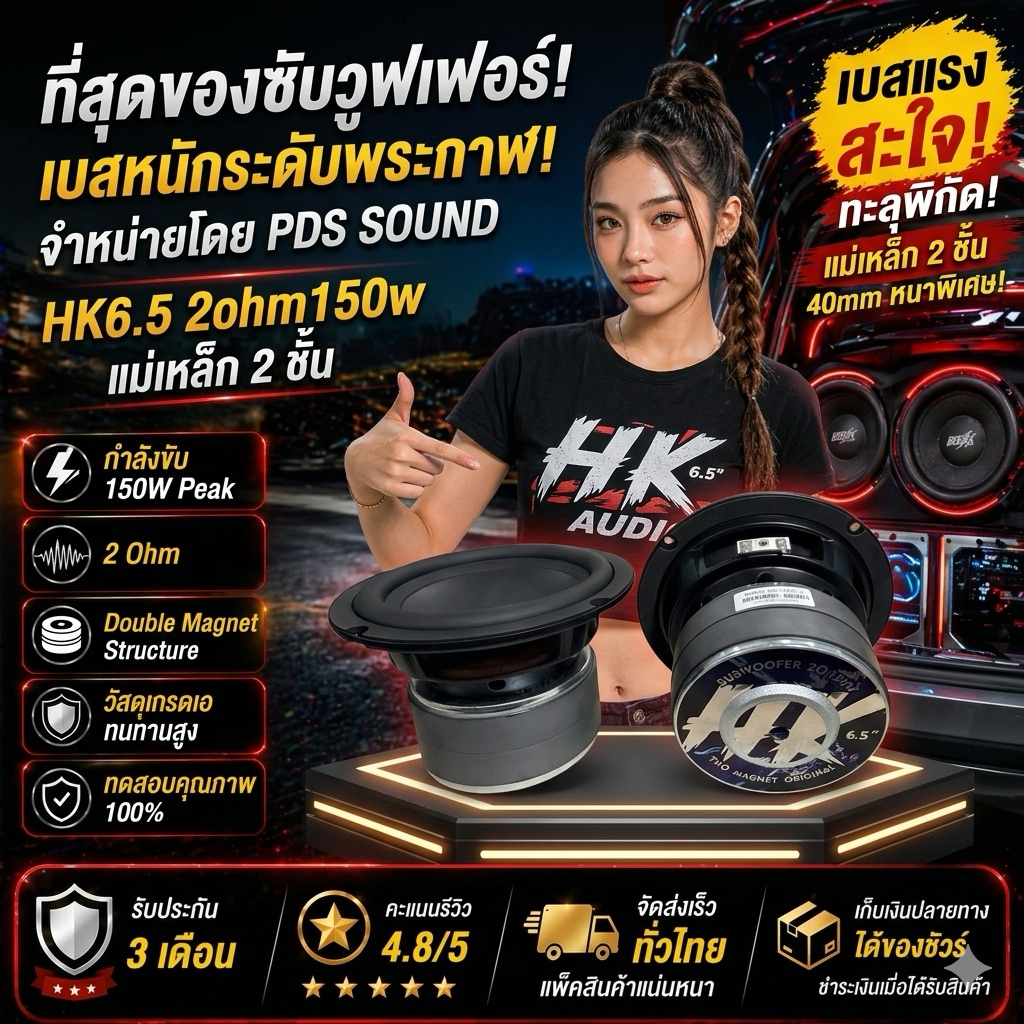 HK6.5 4Ohm 150 Wattแม่เหล็ก2ชั้นเบสแน่นๆจุกๆ
