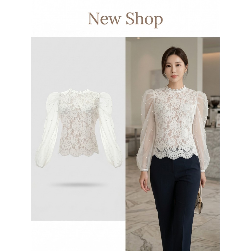 เสื้อลูกไม้ สีขาว แขนยาว คอสูง แขนโปร่งระบายพองซีทรู แต่งเม็ดกลม มีซิปหลัง