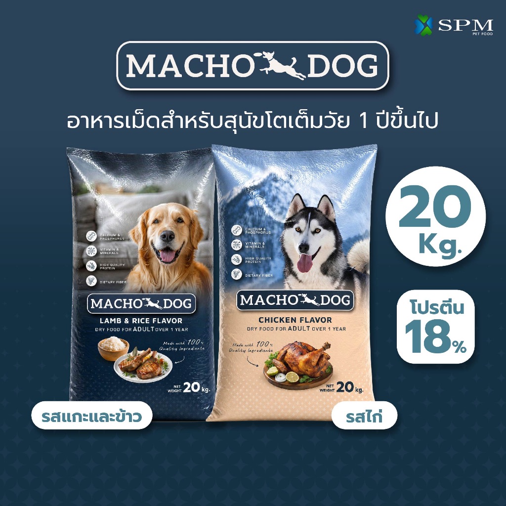 [กระสอบ20kg.] อาหารเม็ดสุนัข Macho Dog มาโช ด็อก สำหรับสุนัขโต 1 ปีขึ้นไปขนาด 20 Kg. มีให้เลือก 2 รส