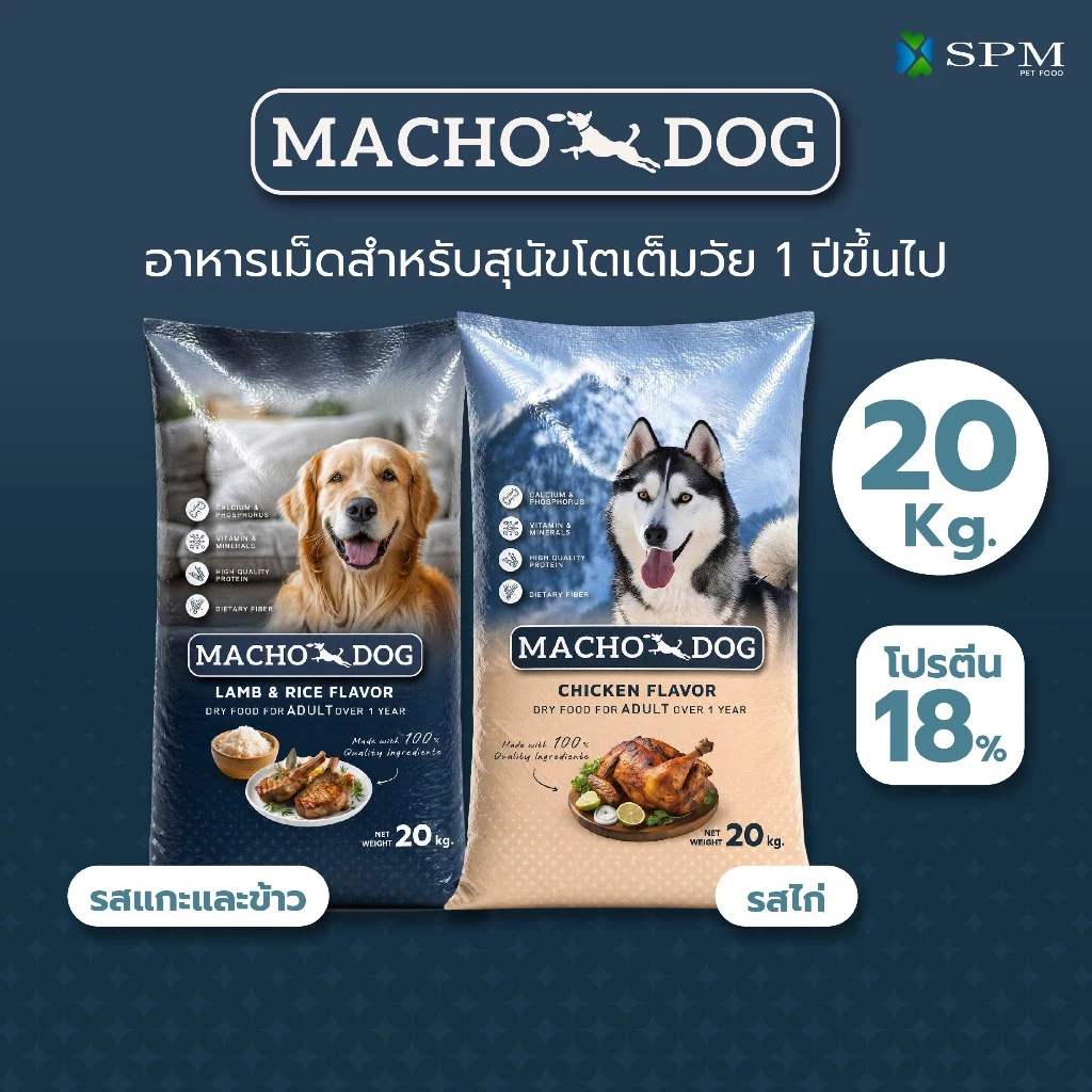 [กระสอบ20kg.] อาหารเม็ดสุนัข Macho Dog มาโช ด็อก สำหรับสุนัขโต 1 ปีขึ้นไปขนาด 20 Kg. มีให้เลือก 2 รส