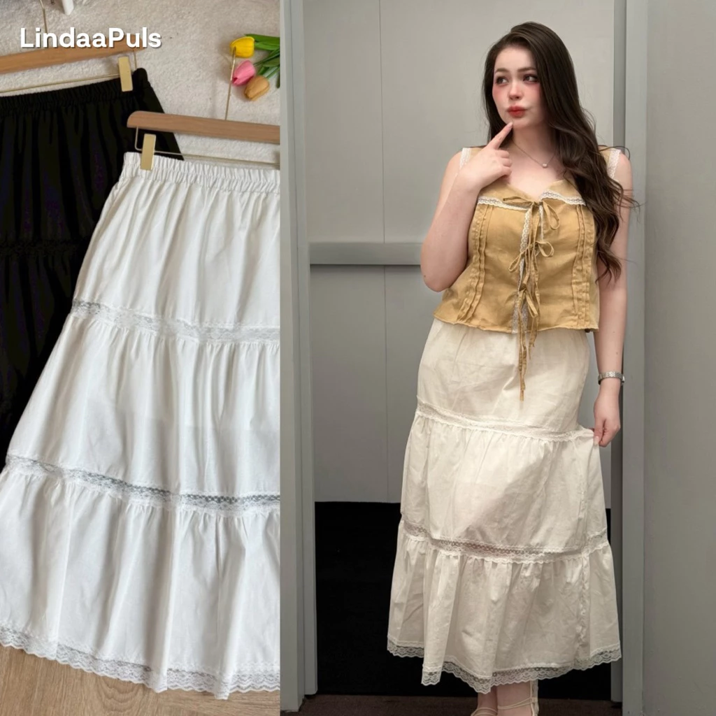 LindaaPlus-- กระโปรงยาวผ้าลินินแต่งลูกไม้ 🌸🫧 สาวอวบอ้วนใส่ได้ มีซับใน เอวสม๊อครอบ ตัดเย็บเป็นชั้นๆตัดกับลูกไม้บางๆ