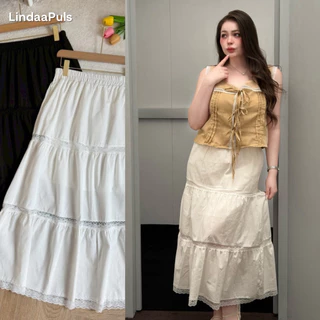LindaaPlus-- กระโปรงยาวผ้าลินินแต่งลูกไม้ 🌸🫧 สาวอวบอ้วนใส่ได้ มีซับใน เอวสม๊อครอบ ตัดเย็บเป็นชั้นๆตัดกับลูกไม้บางๆ