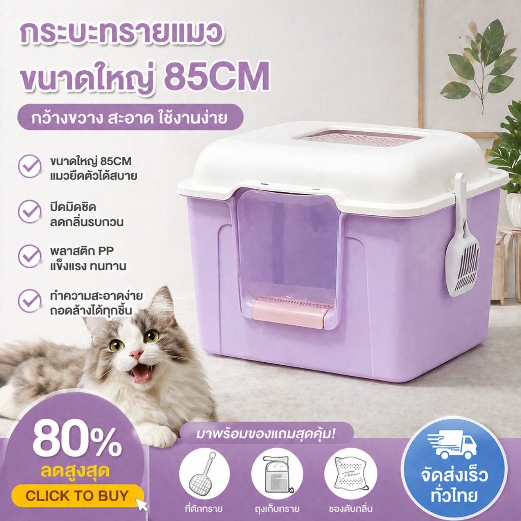 กระบะทรายแมว พื้นที่ขนาดใหญ่พิเศษ แป้นเหยียบกรองทราย ยกรั้วให้สูง แถมฟรีที่ตักทราย ห้องน้ำเเมว กระบะทรายแบบจัมโบ้