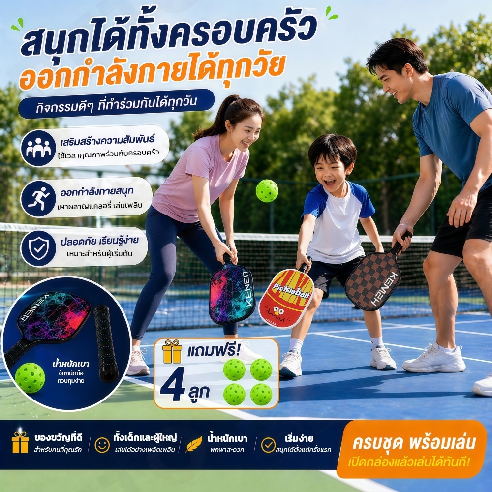 H11-[ครบชุด] KENIER ไม้พิกเคิลบอล Pickleball Set ไม้ 2 อัน + ลูก 4 ลูก + กระเป๋า น้ำหนักเบา หน้าไม้ใหญ่