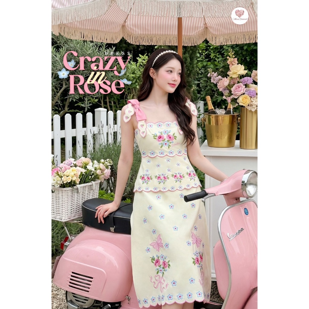 (มี3XL) สีครีม Crazy in Rose Dress เดรสยาวซัมเมอร์ระดับหน้าแข้ง ผ้าเปเป้งานปักทั้งชุด ปักขอบโค้ง แต่งโบว์ที่ไหล่ ซิปหลัง