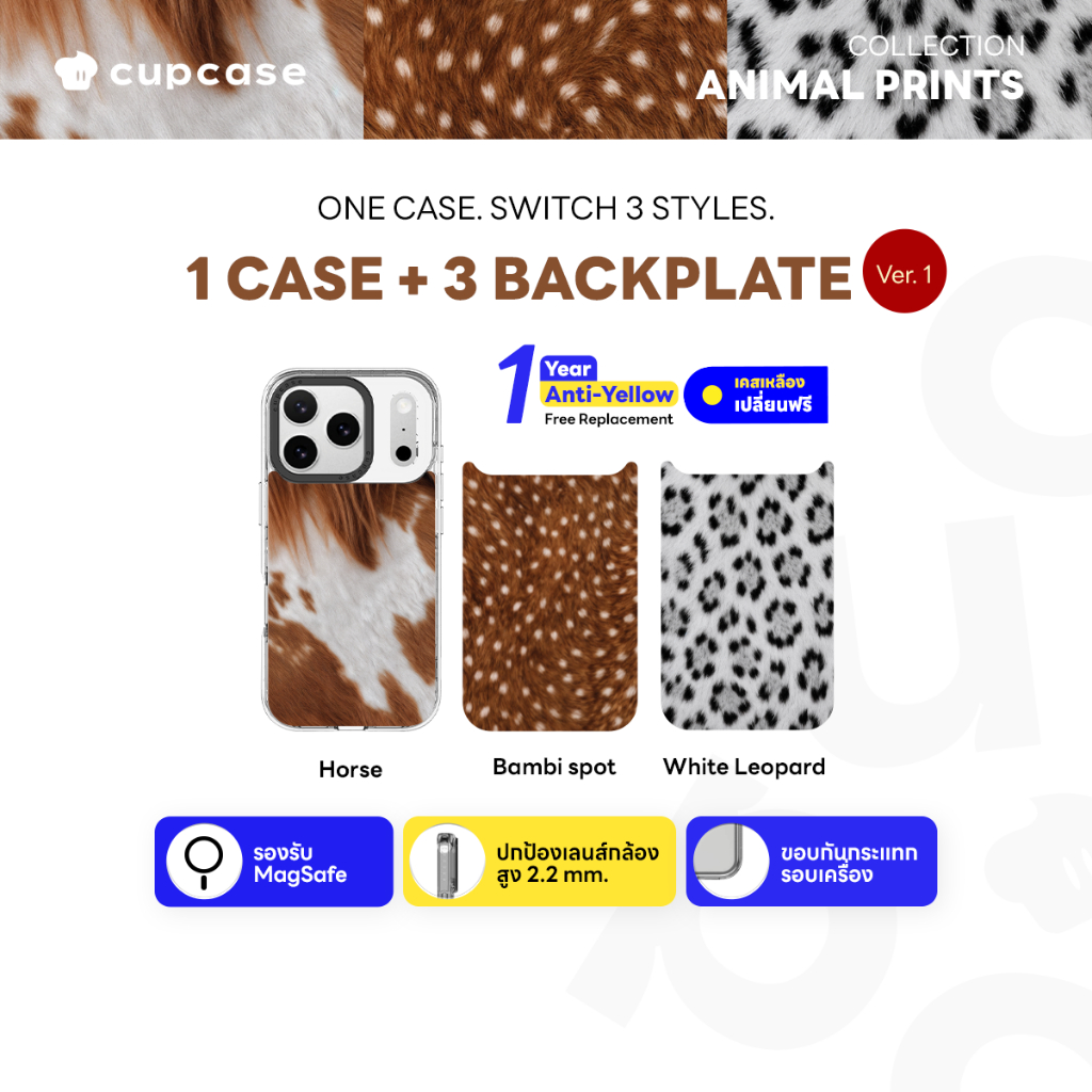 Cupcase Animal prints Collection Ver. 1  Clear Case 1 ชิ้น + Backplate 3 ชิ้น ( BambiSpot / White Leopard / Horse)