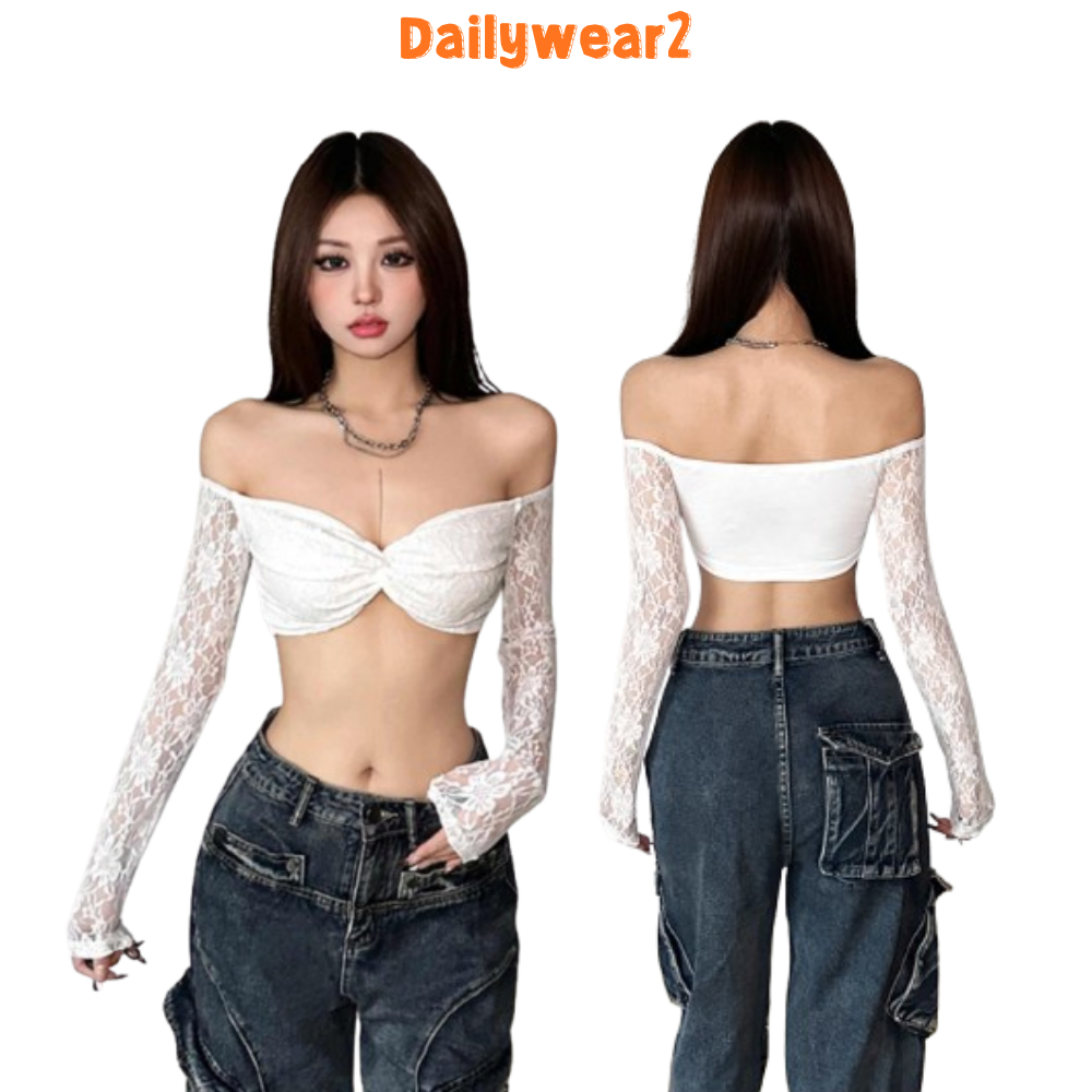 Dailywear พร้อมส่ง เสื้อครอปเปิดไหล่ลูกไม้ลายดอก แขนยาวทรงสั้น สไตล์เก๋ สำหรับสตรี