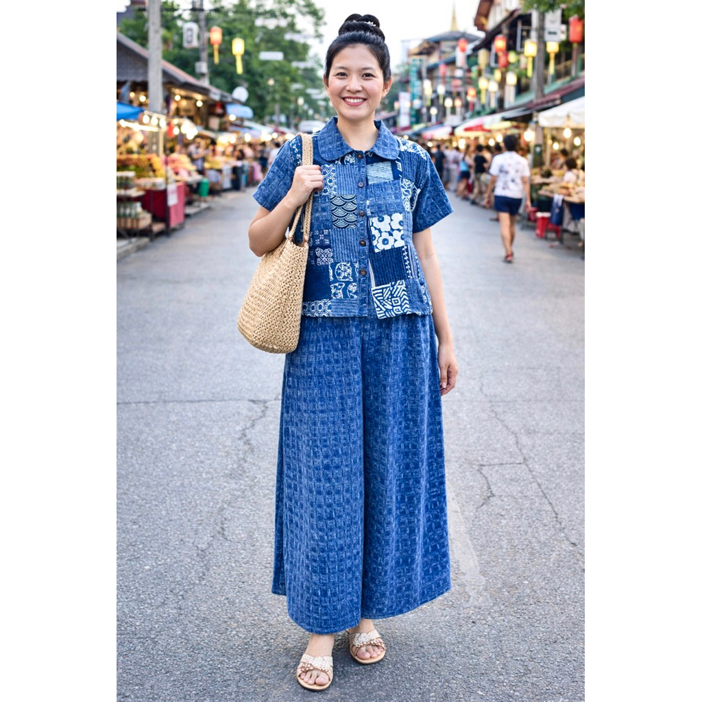 ชุดเซตเสื้อคอบัวผ้าต่อ+กาเกงขาบาน