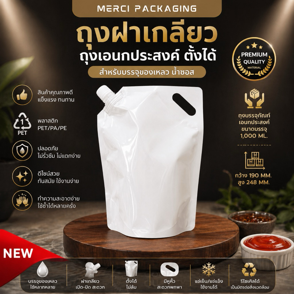 ถุงฝาเกลียว ถุงเอนกประสงค์ ตั้งได้ พลาสติก สำหรับบรรจุของเหลว น้ำ กาแฟ ซอส ถุงบรรจุภัณฑ์ ถุงสีขาว ขนาด 1,000ML.