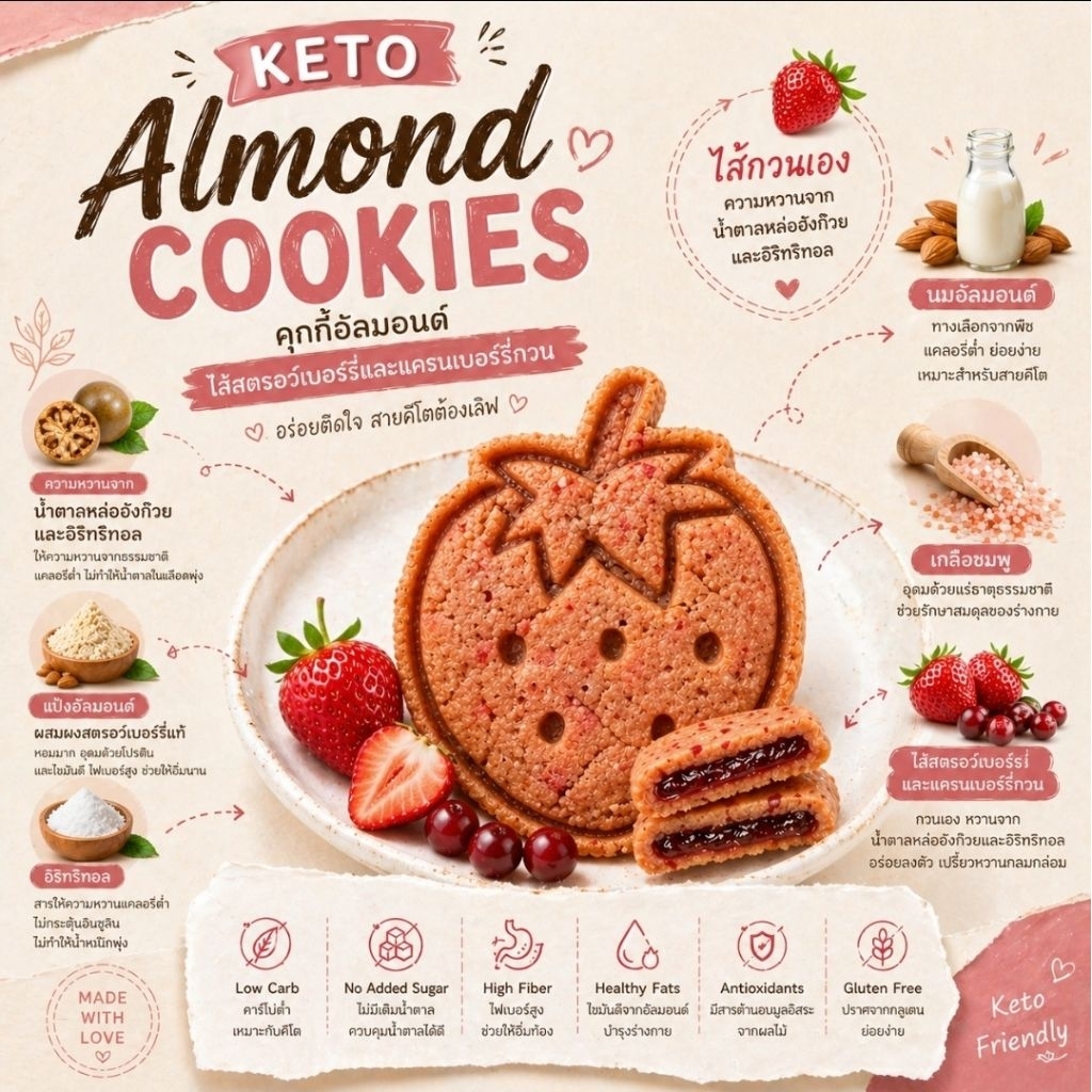 Halal  คีโตคุกกี้อัลมอนด์ไส้สตรอว์เบอร์รีและแคลนเบอร์รี KETO Almond cookies filled with strawberry a