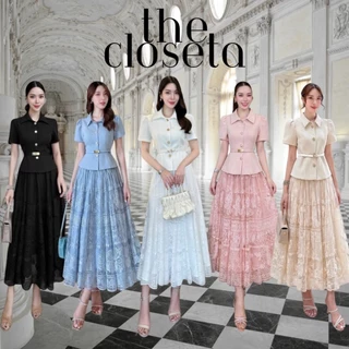 THE CLOSETA : LB203 ชุดเสื้อคอปกแขนสั้นกระดุมหน้า+กระโปรงลูกไม้สีขาวใส่งานบุญสวยหรู