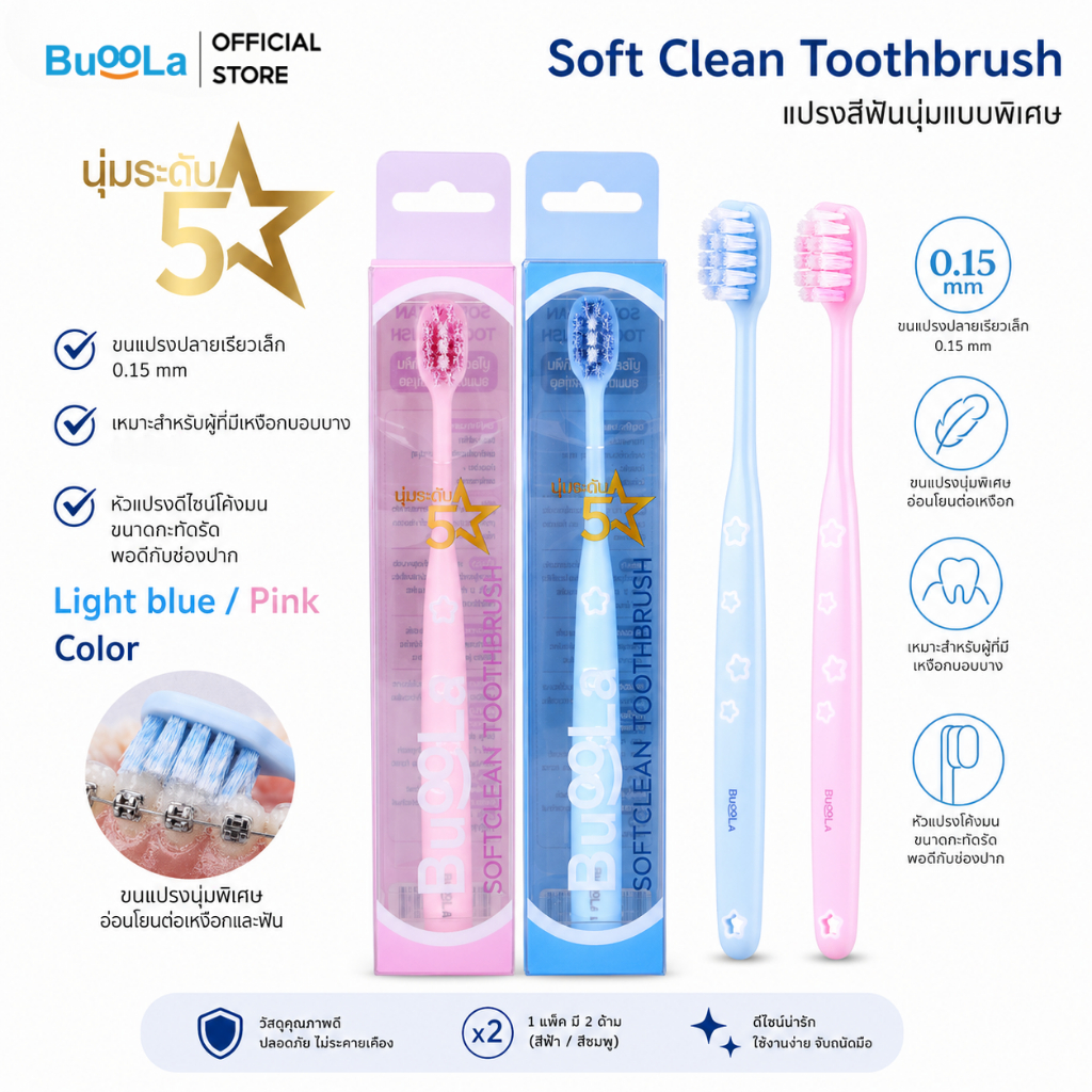 Buoola Soft Clean Toothbrush แปรงสีฟันขนนุ่มพิเศษระดับ 5 ดาว เหมาะสำหรับผู้ที่มีเหงือกบอบบาง