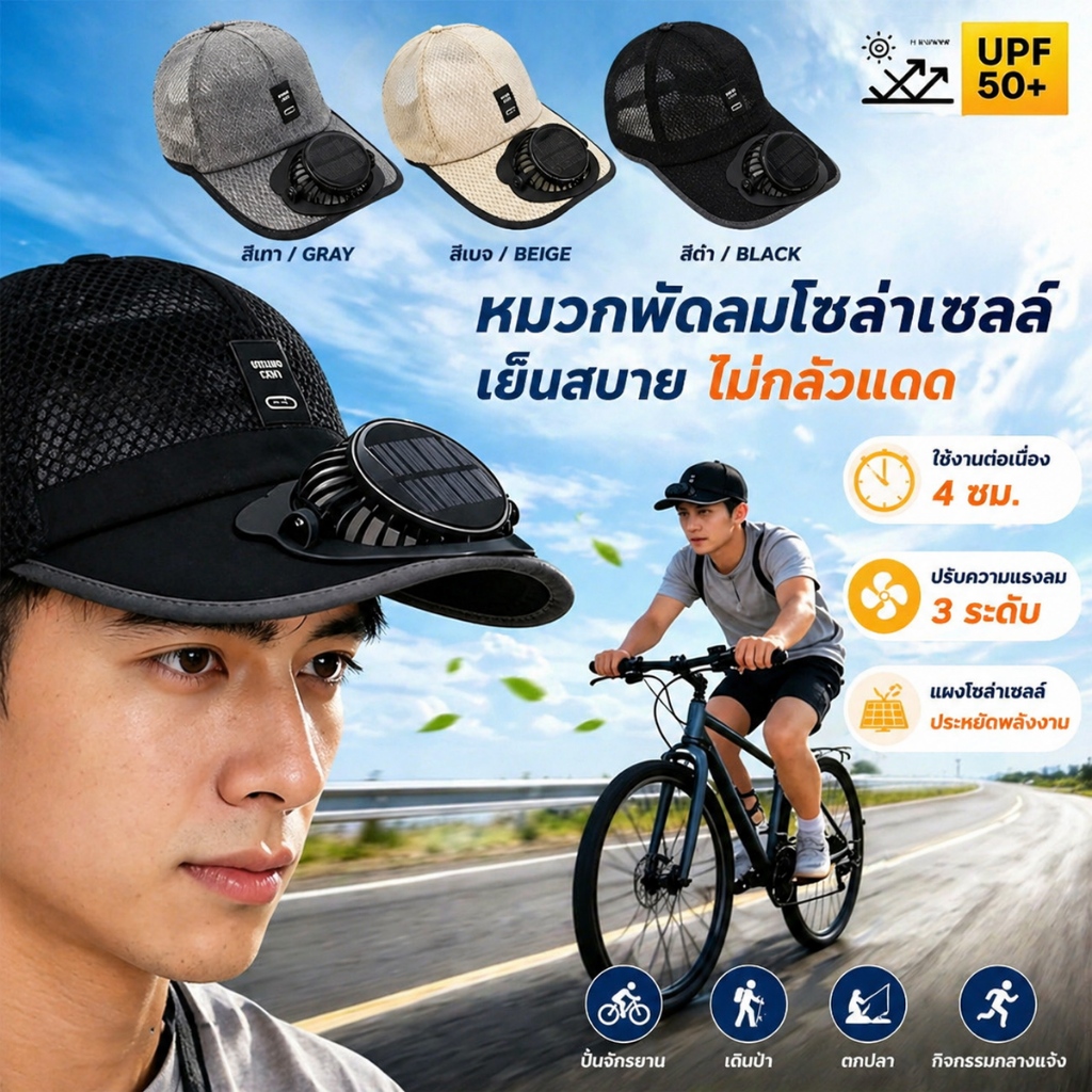 【COD】NEW หมวกพัดลมพลังงานแสงอาทิตย์ หมวกกันแดด USB หมุนได้ 360 องศา เหมาะสำหรับกิจกรรมกลางแจ้งและขี่
