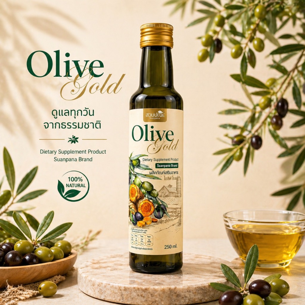 Olive Gold โอลีฟ โกลด์ (สูตรเสริมขมิ้นชัน + พริกไทยดำ) ขนาด 250 ml.