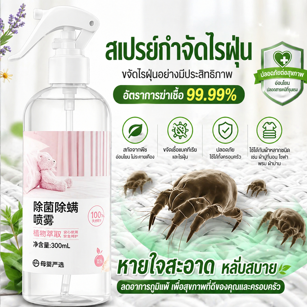 🌿สเปรย์กำจัดไรฝุ่น สเปรย์กำจัดไร ใช้กับที่นอน โซฟา ลดอาการภูมิแพ้ ไอ จาม คัน เห็นผลเร็ว ปลอดภัย ใช้งานง่าย