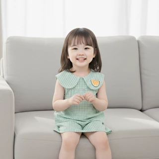 Babyonline (Y133)I2 (ส่งด่วน1วัน)ชุดเซ็ต2ชิ้นเสื้อกางเกงขาสั้นสำหรับเด็กผู้หญิงลายสก็อต ผ้าฝ้าย