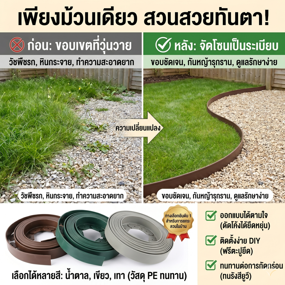 ขอบกั้นดิน PE พร้อมตะปู ขอบสนามหญ้าในบ้าน กั้นหญ้า กั้นหิน ป้องกันดินไหล จัดสวนให้เป็นระเบียบ ติดตั้งง่าย ทนแดดทนฝน