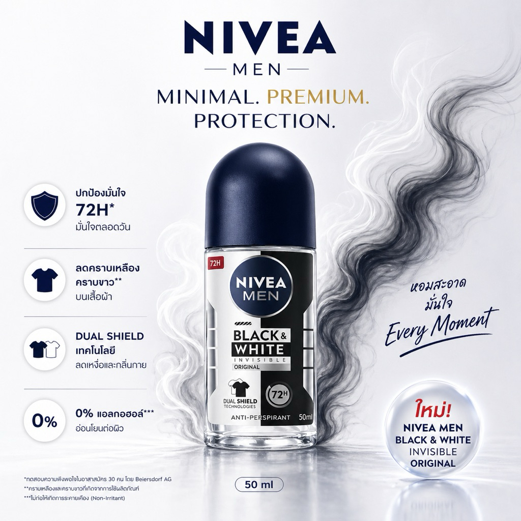 NIVEA Men Black & White Roll On 50 ml เอาอยู่ทั้งเหงื่อ ทั้งกลิ่น ทั้งคราบ ใช้แล้วจบ เท่ทั้งวัน ไม่ต้องกังวลเรื่องคราบ!