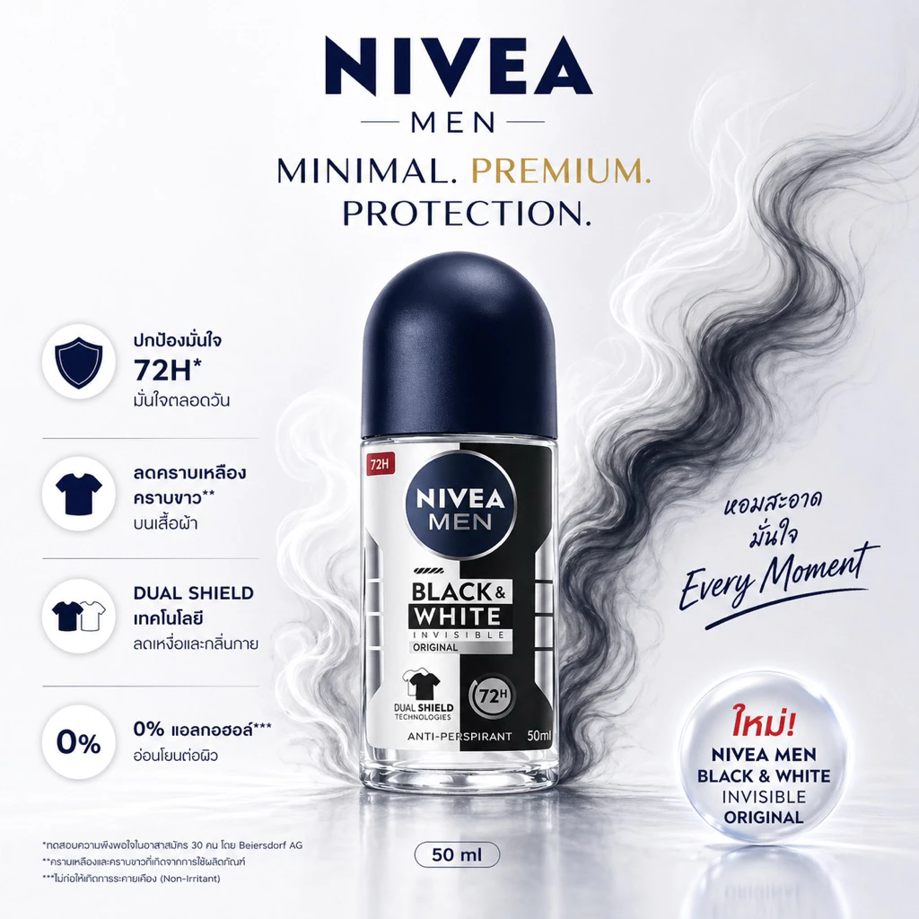 NIVEA Men Black & White Roll On 50 ml เอาอยู่ทั้งเหงื่อ ทั้งกลิ่น ทั้งคราบ ใช้แล้วจบ เท่ทั้งวัน ไม่ต้องกังวลเรื่องคราบ!