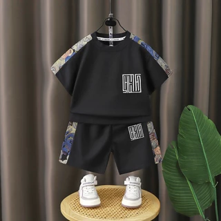 ✨ เสื้อคอกลม+กางเกงขาสั้นเด็กชาย ลายปักเท่สุดเด่น! ผ้าลมผ่านทะลุ ไม่อับเหงื่อแม้แดดร้อน