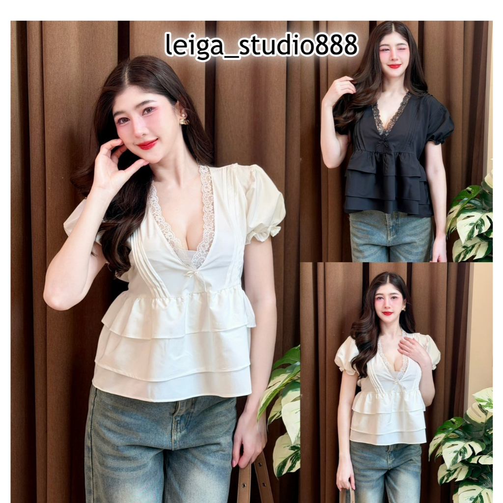 เสื้อแฟชั่น ผ้าไหมอิตาลี คอวีแต่งลูกไม้ แขนตุ๊กตา แต่งจีบหน้า แต่งโบว์หน้า ชายแต่งระบาย LG214