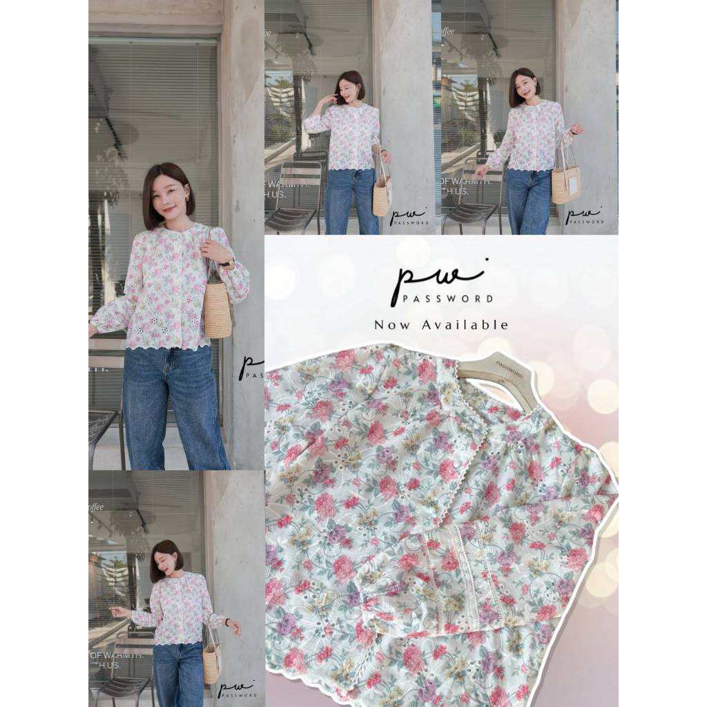 •PASSWORD• PW 0148-1 เสื้อแขนยาวผ้าคอตตอนปักฉลุดอกไม้ พิมพ์ลายดอกไม้สีสวยหวาน