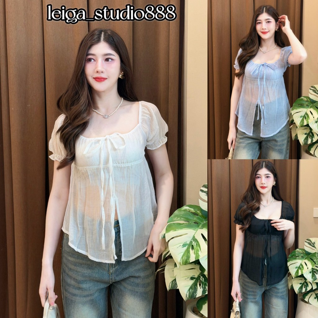 เสื้อแฟชั่น ผ้าชีฟอง คอวี แขนยาว ผ่าหน้า  พร้อมสายผูกโบว์หน้า แต่งระบาย สม๊อคหลัง ใส่แมท LG260