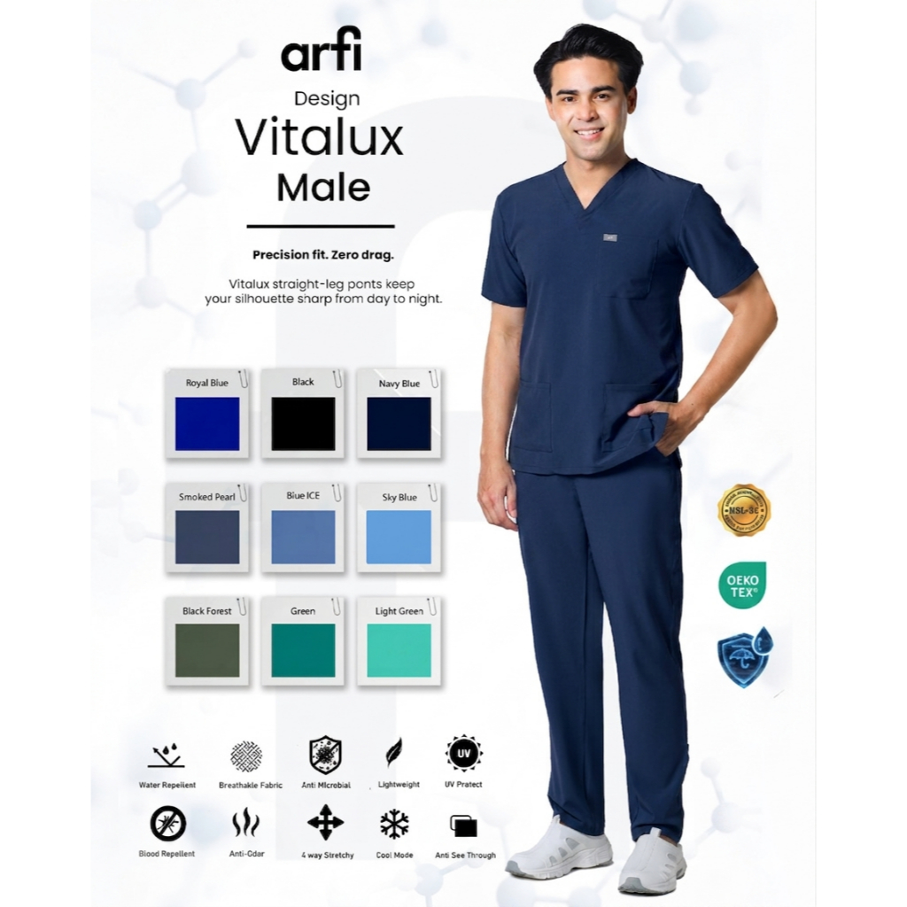 Arfi Scrub Vitalux Male Set ชุดสครับรุ่นขาตรงผู้ชาย ผ้าสะท้อนน้ำ ป้องกันแบคทีเรีย ยับยาก ผ้ายืด 4 ทิ