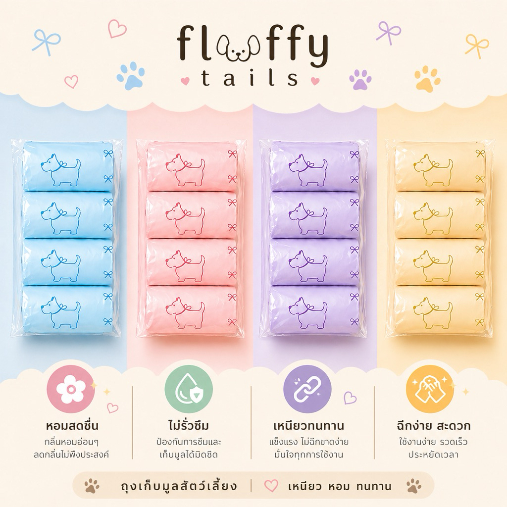 Fluffy tails ถุงเก็บอึสุนัข กลิ่นหอม ไม่รั่วซึม หนาพิเศษ ย่อยสลายได้ 4 ม้วน 60 ถุง
