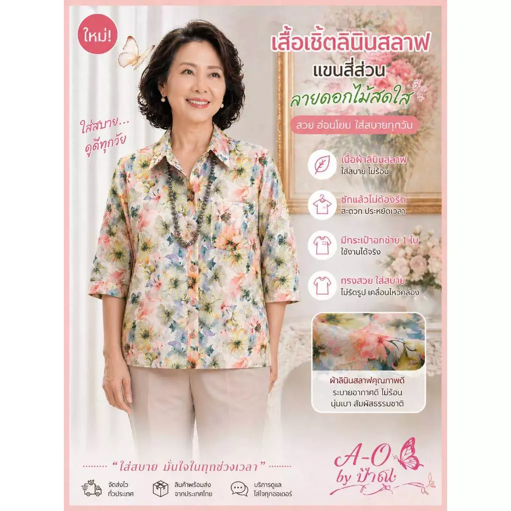 เสื้อปกเชิ้ตแขนสี่ส่วนกระเป๋า1ใบ