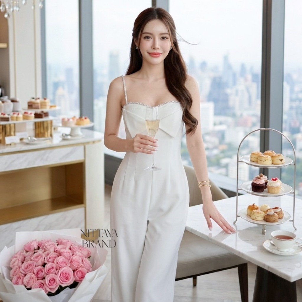 [NITTAYA] D2878 ชุดจั๊มกางเกงขายาวสายเดี่ยวดีเทลแต่งเพชรคริสตัลเรียบหรูดูแพงใส่เที่ยว ออกงาน ดินเนอร์
