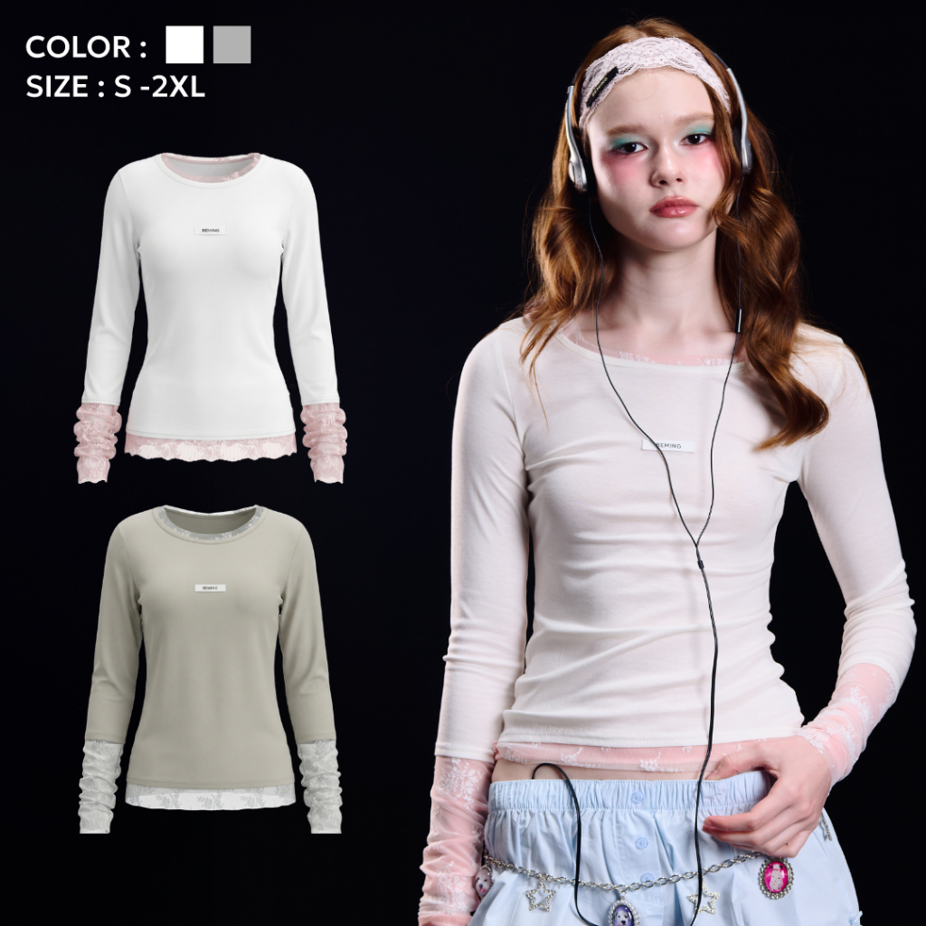Bemingtop1144(S-2XL) - Borae Top - เสื้อแขนยาวดีไซน์เลเยอร์ผ้าลูกไม้ช่วงแขนและชายเสื้อ