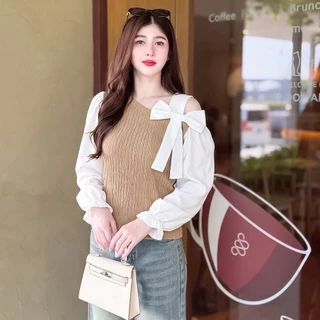 เสื้อแฟชั่น ผ้าเปลือกไม้ แขนยาวแต่งผ้าไหมอิตาลี เว้าไหล่แต่งโบว์ข้าง ใส่เที่ยว ใส่ทำงาน ใส่ออกงาน ใส่แมท LG264