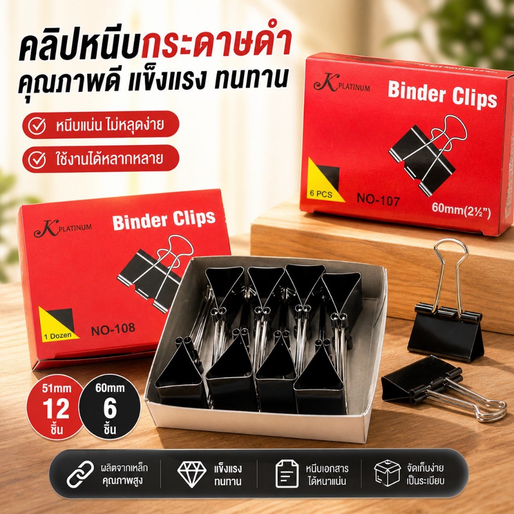 📎 คลิปหนีบกระดาษ คลิปดำขนาดใหญ่ 51mm (12 ชิ้น) และ 60mm (6 ชิ้น) คุณภาพสูง 🗂️