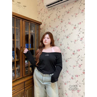 (NT) เสื้อแขนยาว แต่งคล้องคอ ใส่เปิดไหล่ได้หรือไม่เปิดก็ได้ ดีเทลปักอก สวย แซ่บนิดหน่อย พรางหุ่น ไซส์ใหญ่