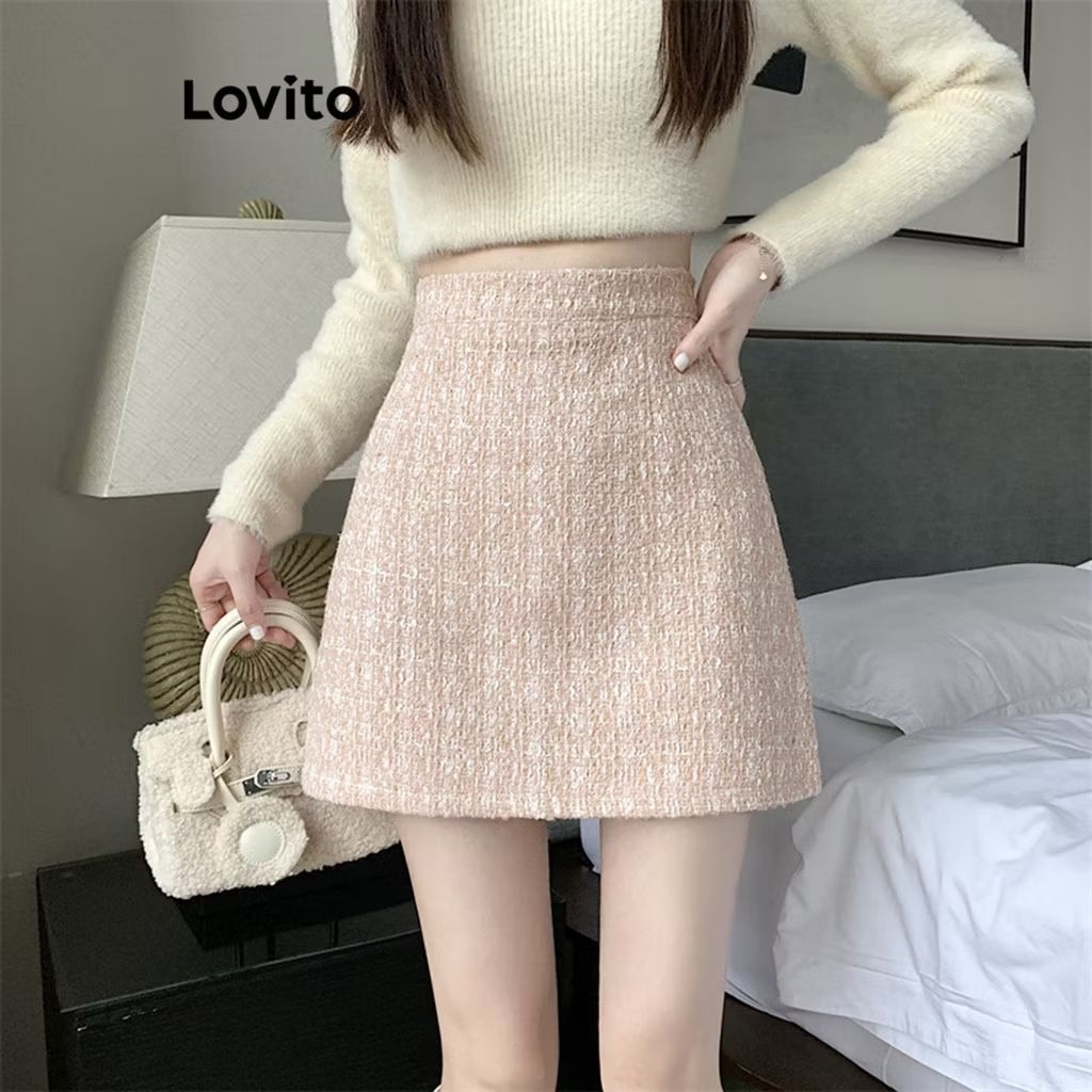 กระโปรงสั้นผ้าทวิตสีชมพูทรงเอ เอวสูง ใส่สบาย งานสวยมาก ของlovitaไซส์S